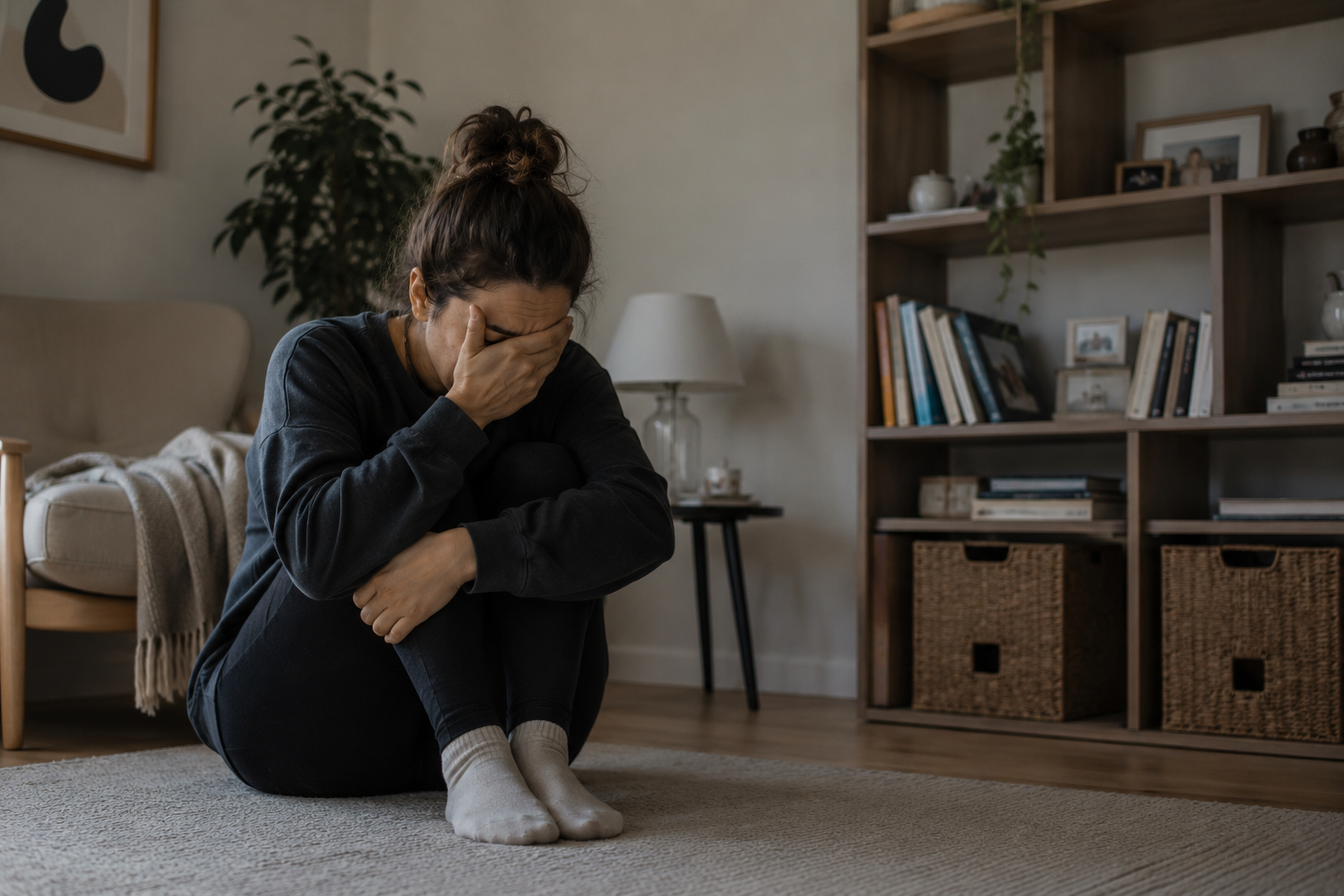 Mujer sentada en el suelo llorando: las fases del duelo por una mascota